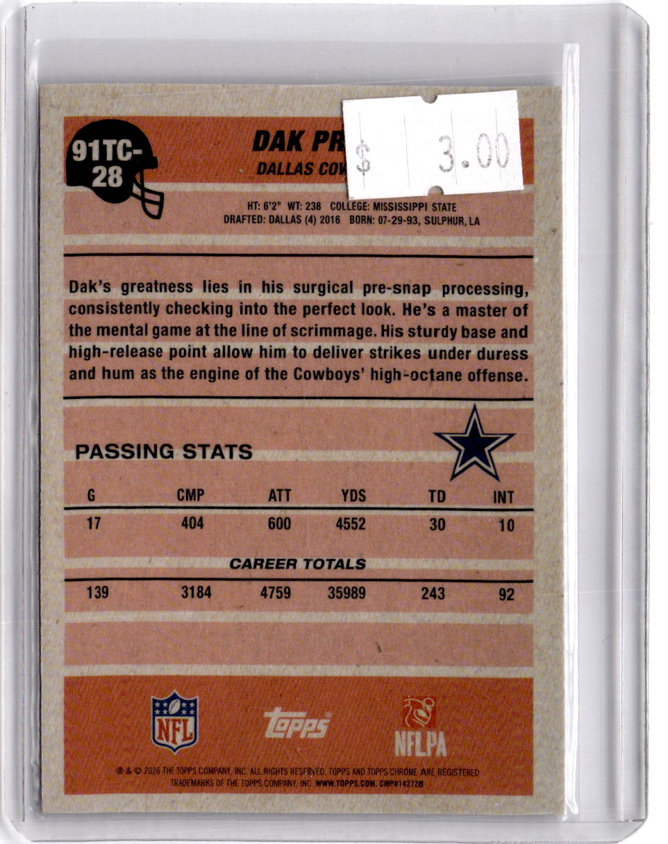 2026 Topps Flagship #91TC-28 Dak Prescott 1991 Topps Football Chrome