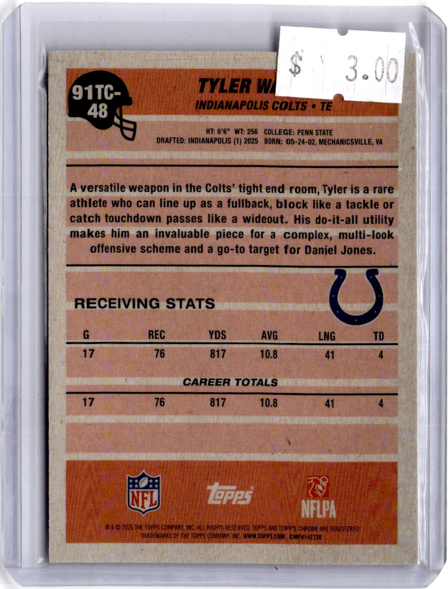 2026 Topps Flagship #91TC-48 Tyler Warren 1991 Topps Football Chrome