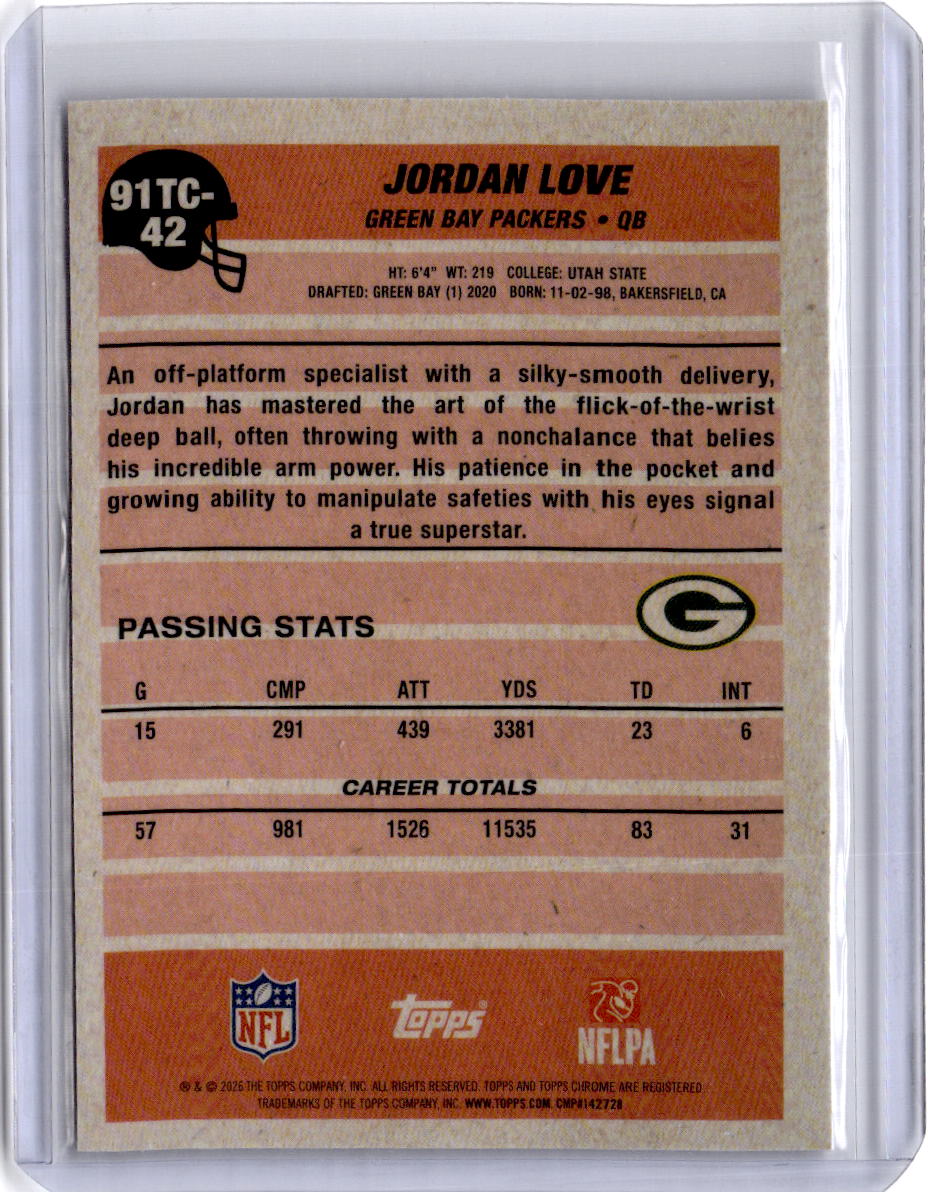 2026 Topps Flagship #91TC-42 Jordan Love 1991 Topps Football Chrome