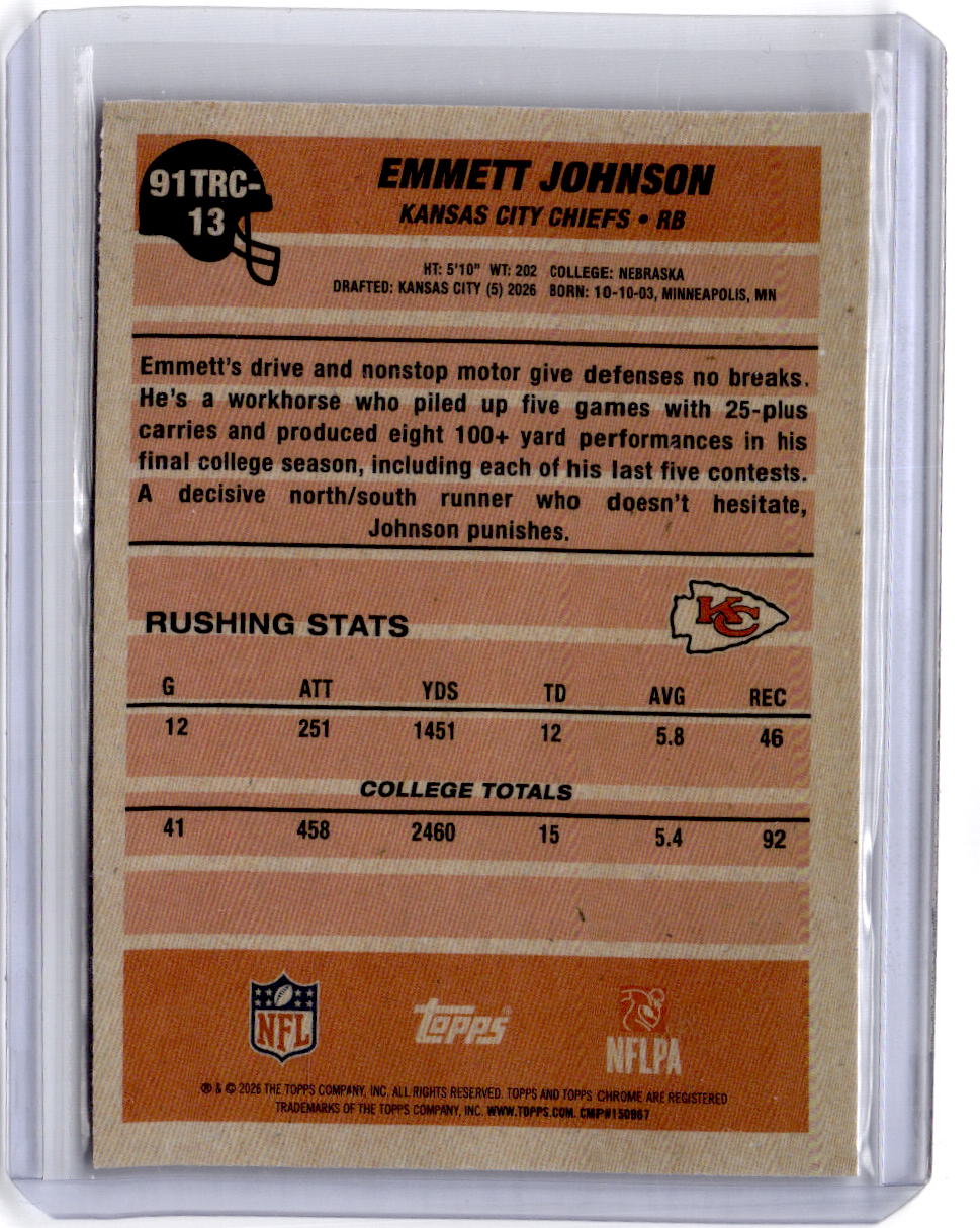 2026 Topps Flagship #91TRC-13 Emmett Johnson 1991 Topps Football Rookies Chrome