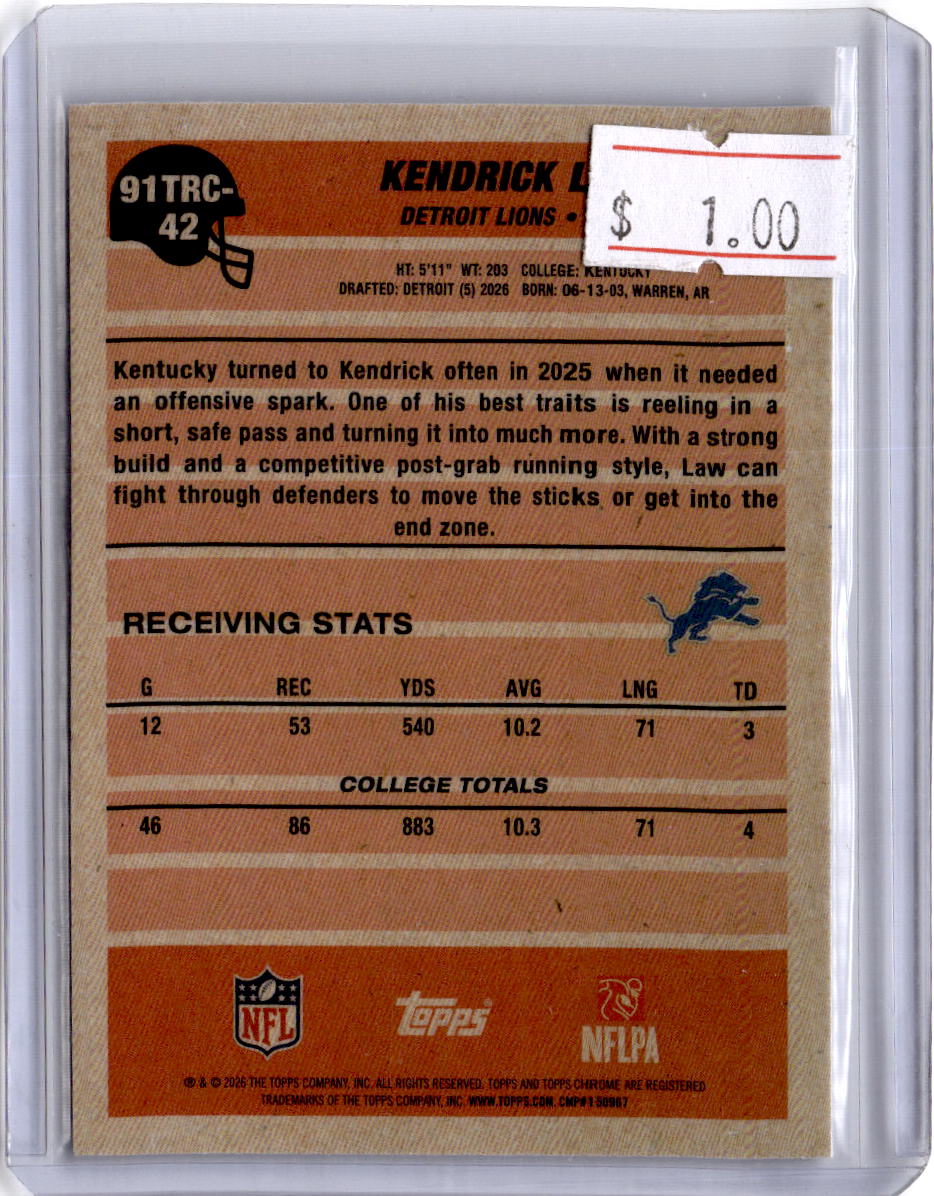 2026 Topps Flagship #91TRC-42 Kendrick Law 1991 Topps Football Rookies Chrome