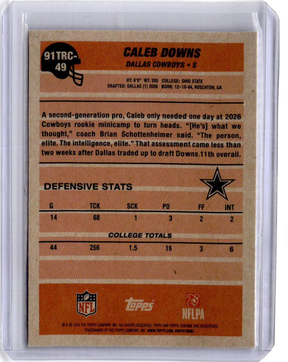 2026 Topps Flagship #91TRC-49 Caleb Downs 1991 Topps Football Rookies Chrome