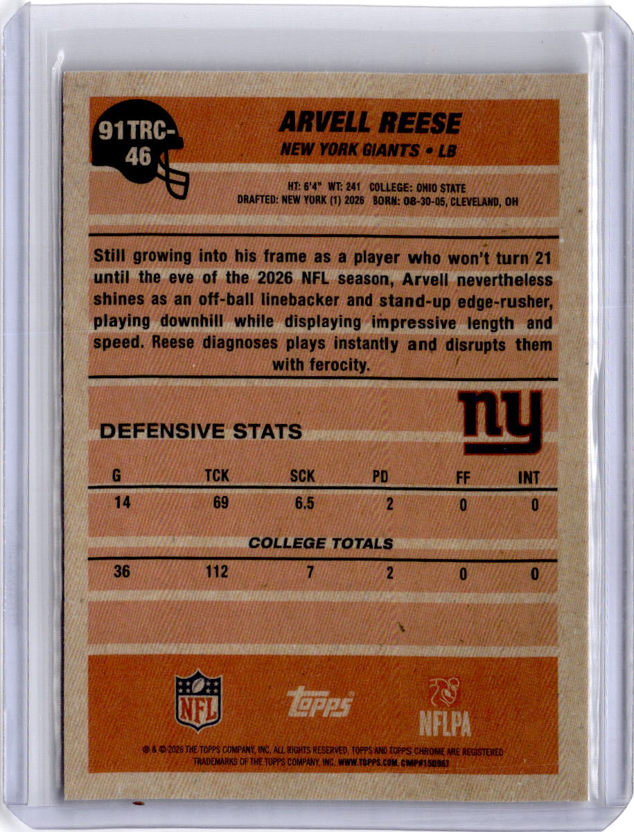 2026 Topps Flagship #91TRC-46 Arvell Reese 1991 Topps Football Rookies Chrome