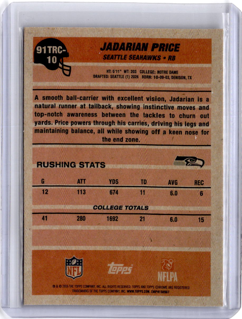 2026 Topps Flagship #91TRC-10 Jadarian Price 1991 Topps Football Rookies Chrome