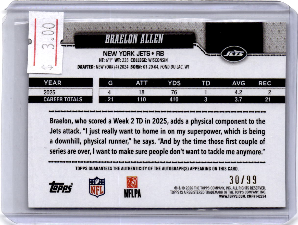 2026 Topps Flagship #160 Braelon Allen Real One Autographs Green #/99