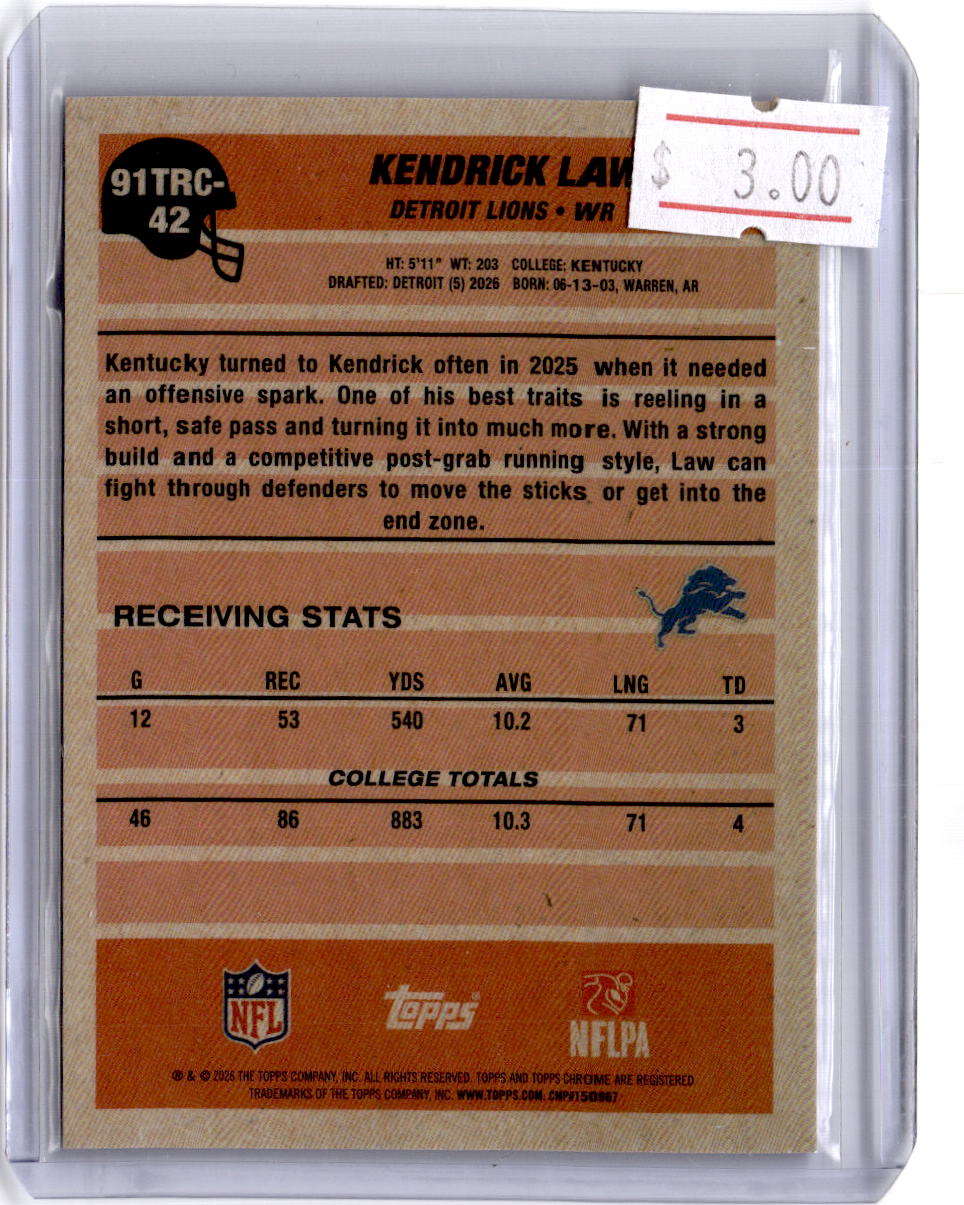 2026 Topps Flagship Kendrick Law 1991 Topps Football Rookies Chrome Purple/75
