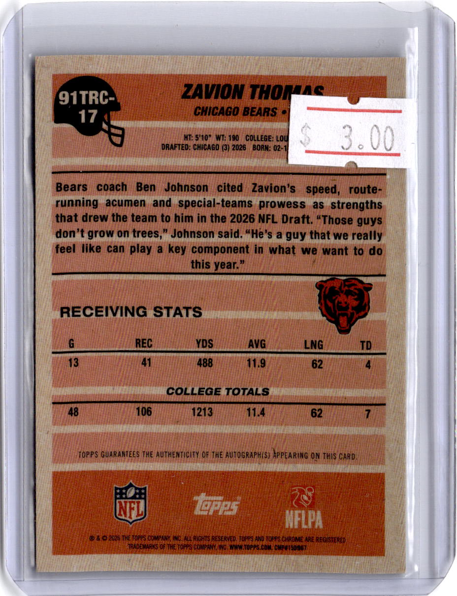 2026 Topps Flagship Zavion Thomas 1991 Topps Chrome Rookies Autographs Green /99