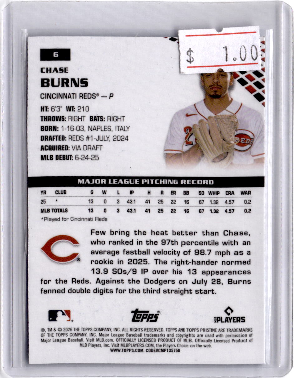 2026 Topps Pristine #6 Chase Burns Aqua Refractor #/199
