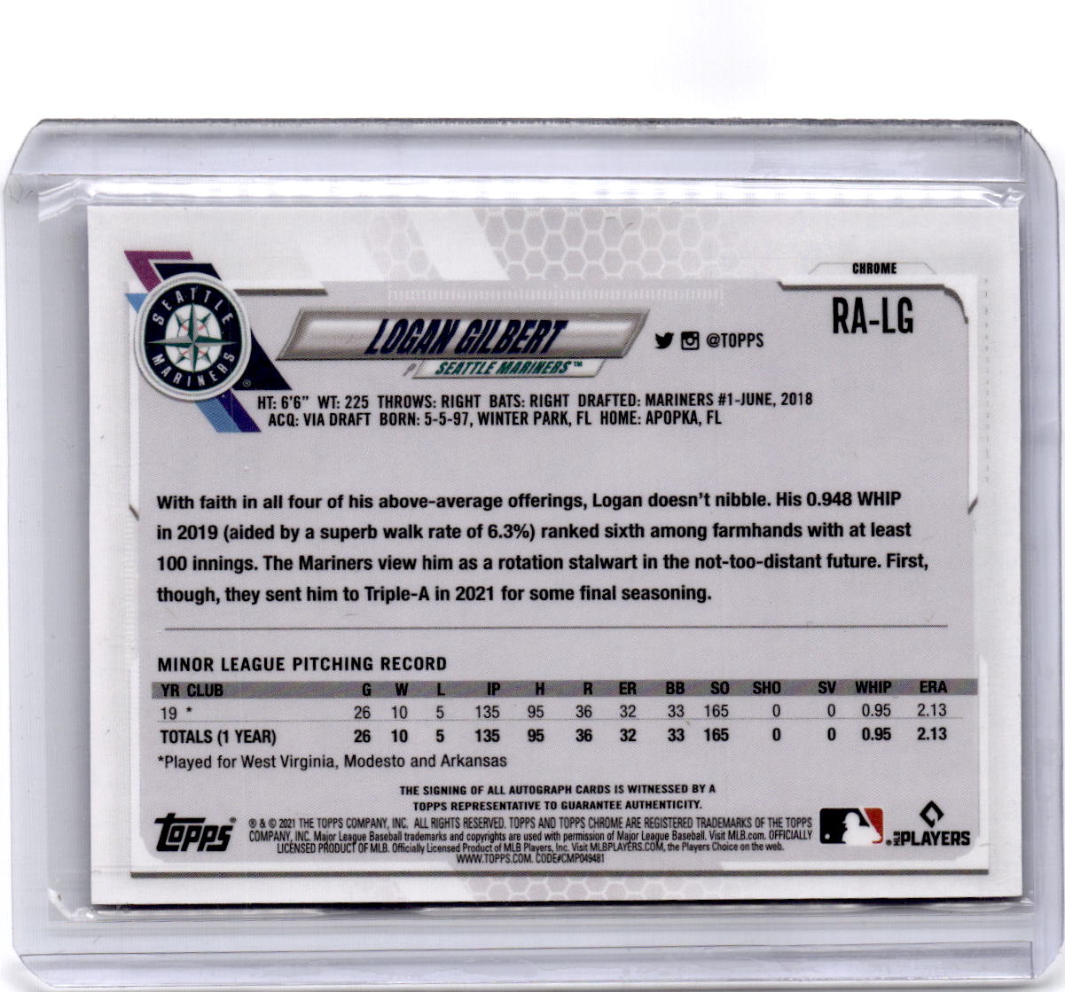 2021 Topps Chrome Update Sapphire Edition #RA-LG Logan Gilbert Rookie Autographs