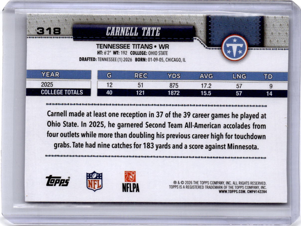 2026 Topps Flagship #318 Carnell Tate