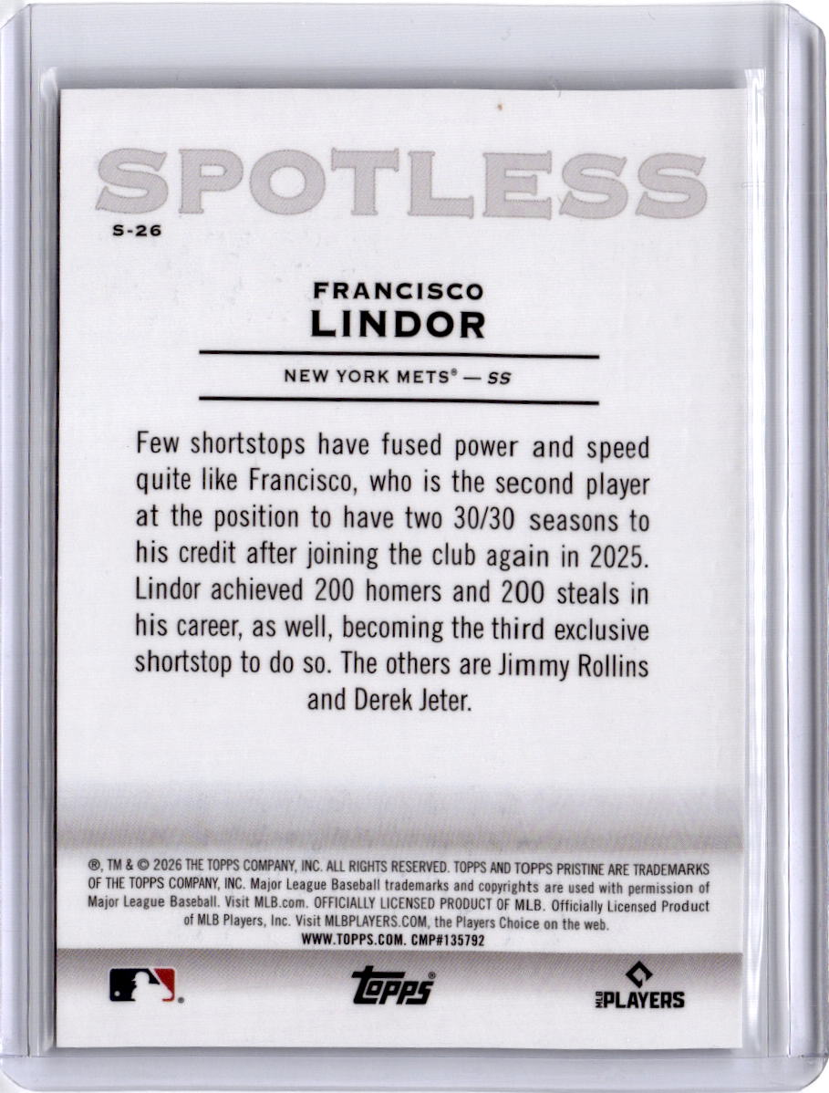 2026 Topps Pristine #S-26 Francisco Lindor Spotless Purple Refractor #/99