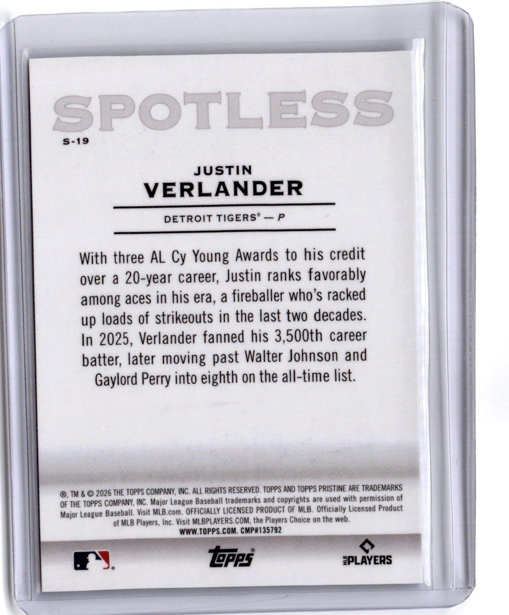 2026 Topps Pristine #S-19 Justin Verlander Spotless Gold Refractor #/50