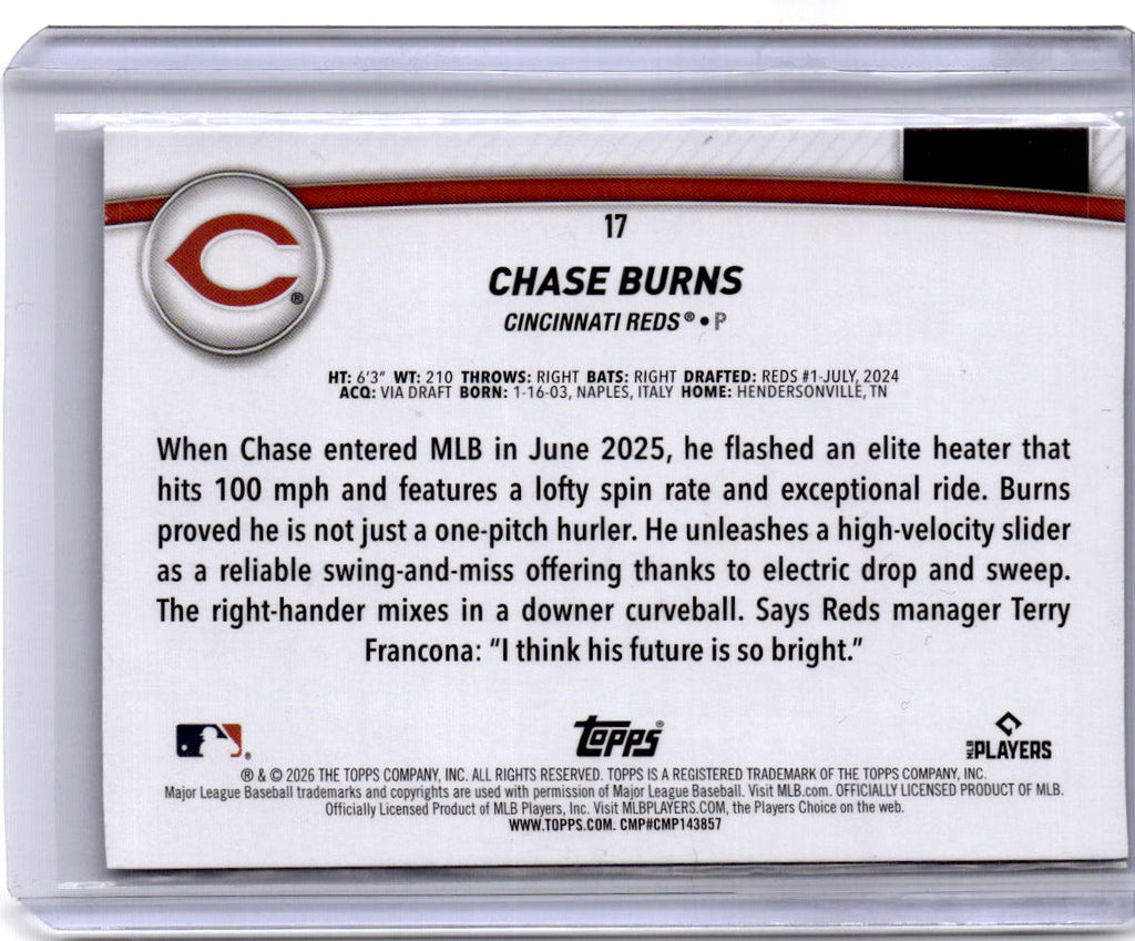 2026 Topps #17 Chase Burns Flagship Collection Chrome Purple (Series Two) #/75