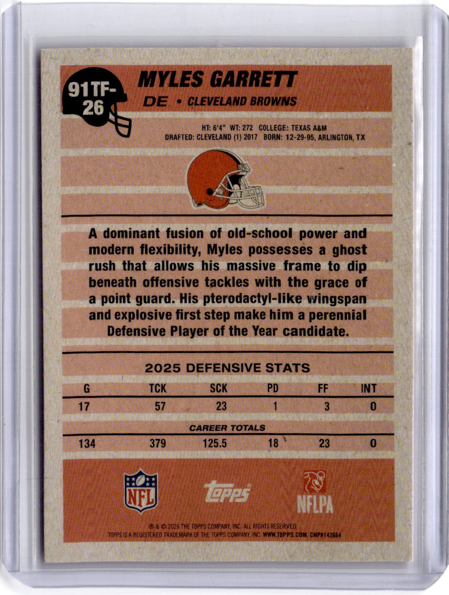 2026 Topps Flagship #91TF-26 Myles Garrett 1991 Topps Football Pink #/1000