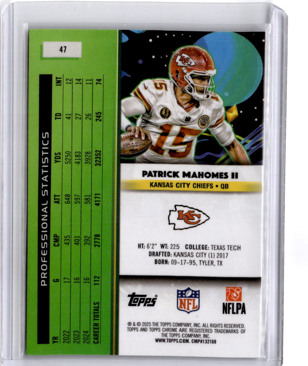 2025 Topps Chrome Cosmic #47 Patrick Mahomes II Aqua Equinox Refractor #/199