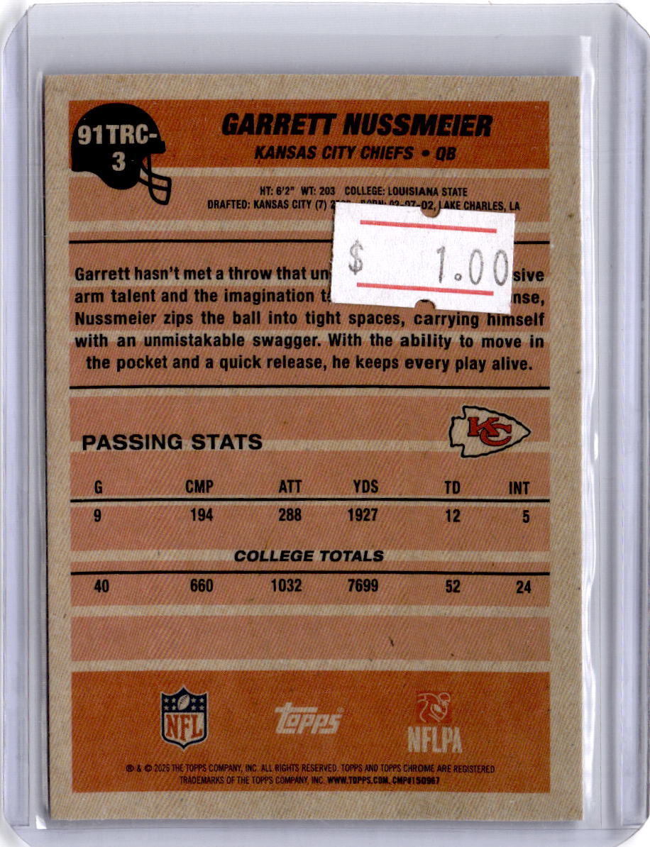 2026 Topps Flagship Garrett Nussmeier 1991 Topps Football Rookies Chrome