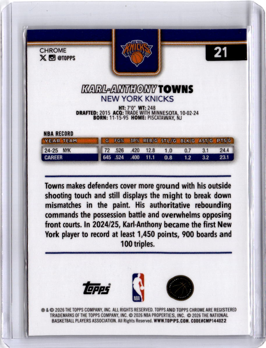 2025-26 Topps Chrome Update #21 Karl-Anthony Towns RayWave Refractor