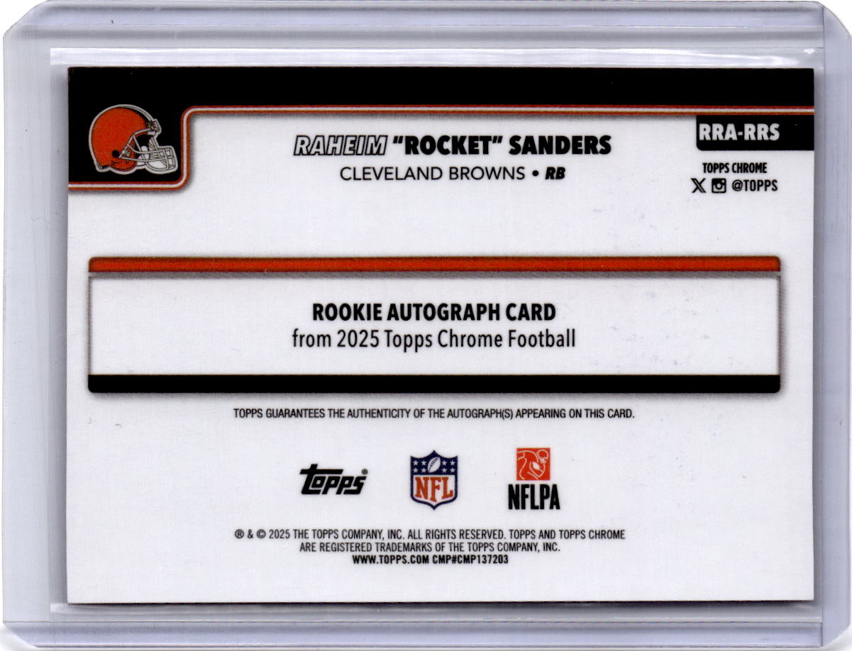 2025 Topps Chrome Raheim Sanders Chrome Rc Autographs Pink Refractor /250