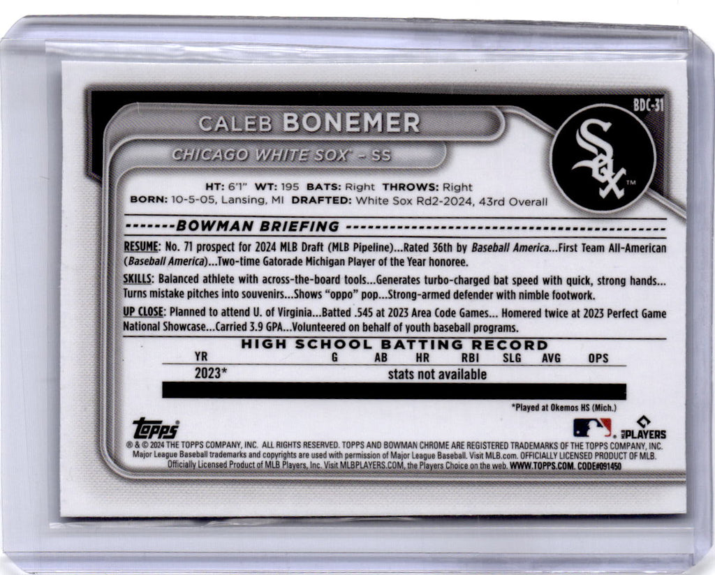 2024 Bowman Draft #BDC-31 Caleb Bonemer Chrome Sky Blue Refractor