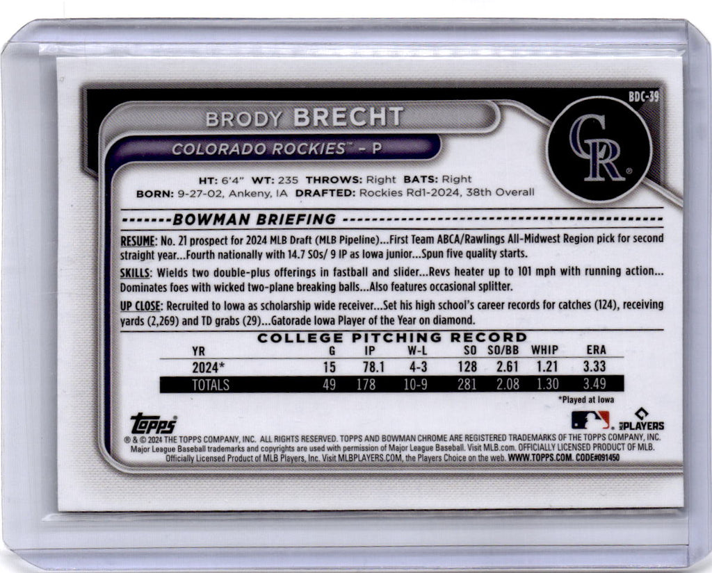 2024 Bowman Draft #BDC-39 Brody Brecht Chrome Green Refractor #/99