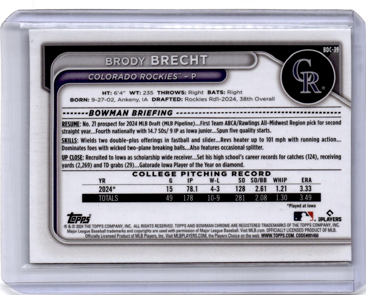 2024 Bowman Draft #BDC-39 Brody Brecht Chrome Green Refractor #/99