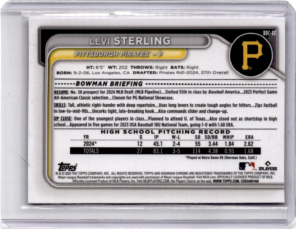 2024 Bowman Draft #BDC-83 Levi Sterling Chrome Blue Refractor #/150