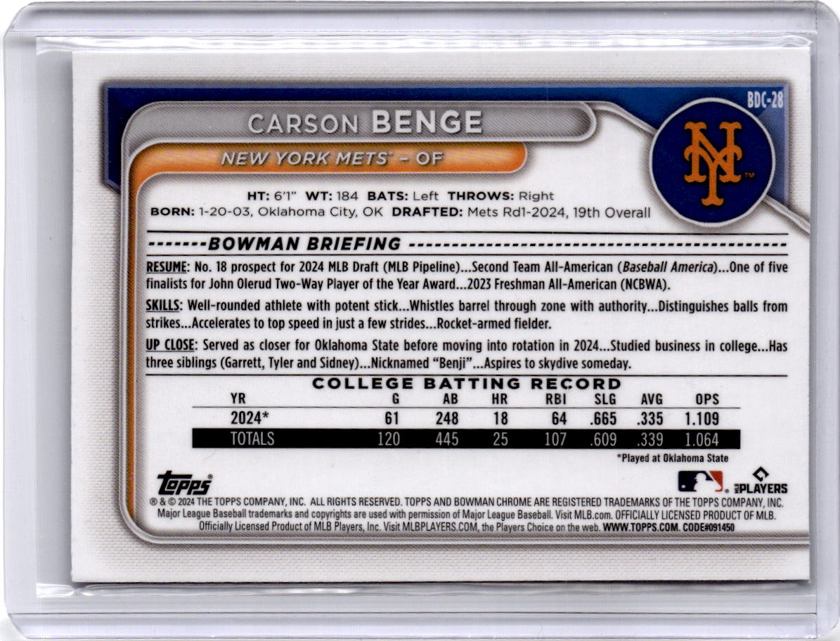 2024 Bowman Draft #BDC-28 Carson Benge Chrome Sky Blue Refractor