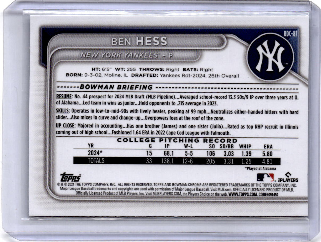 2024 Bowman Draft #BDC-87 Ben Hess Chrome Aqua Wave Refractor #/125