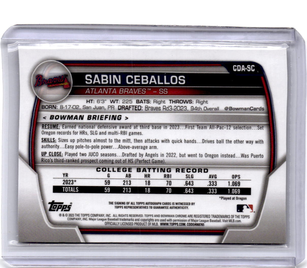 2023 Bowman Draft #CDA-SC Sabin Ceballos Chrome Prospect Autographs