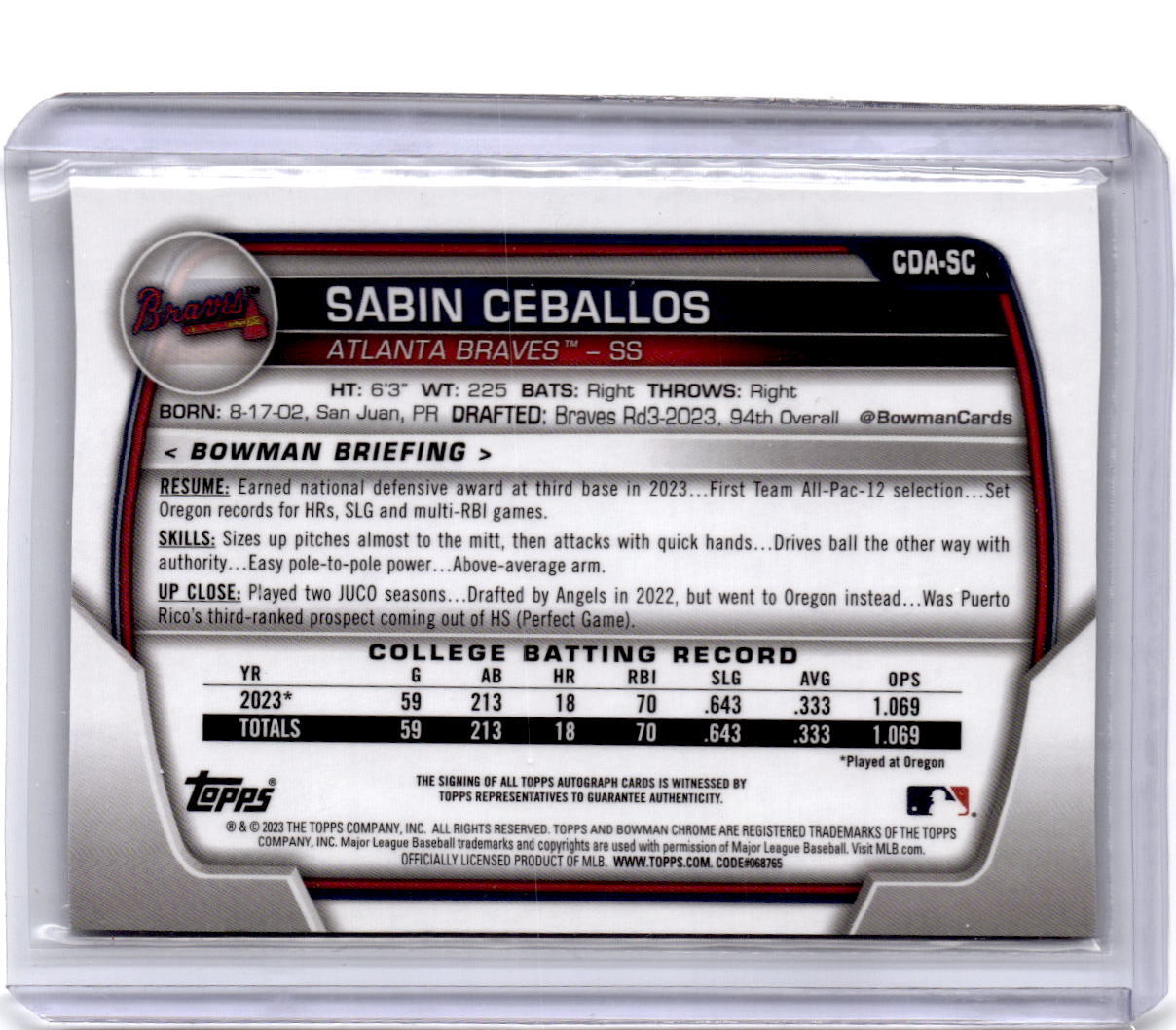 2023 Bowman Draft #CDA-SC Sabin Ceballos Chrome Prospect Autographs