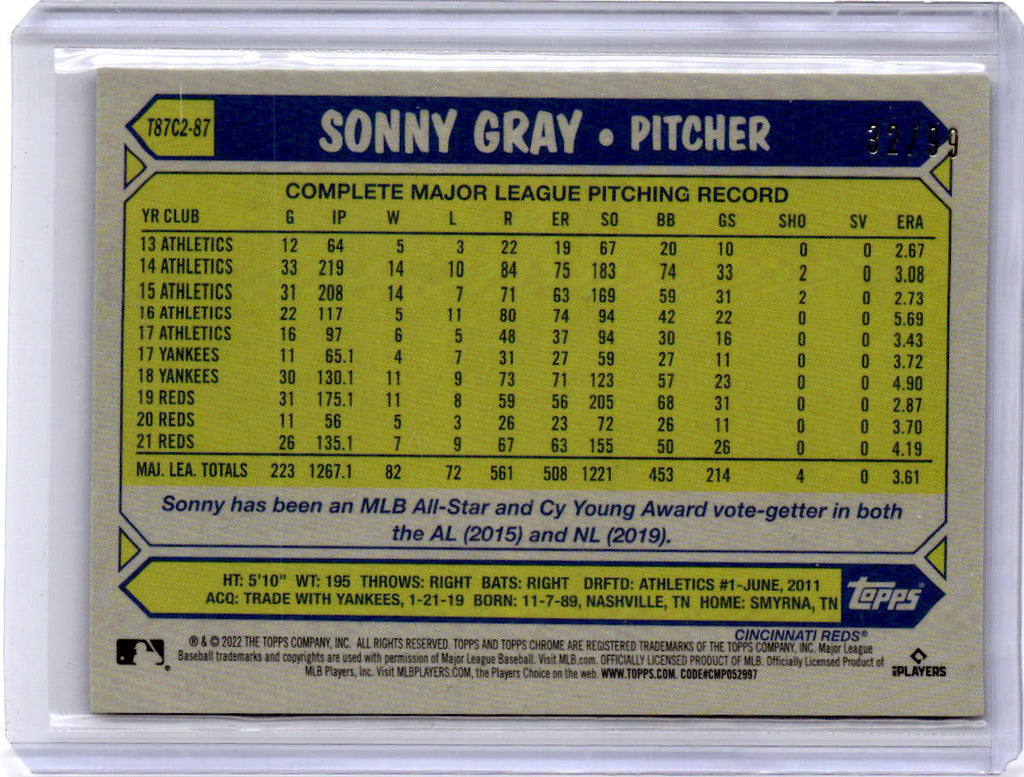 2022 Topps Sonny Gray 1987 Topps Baseball 35th Anniversary Chrome Green #/99