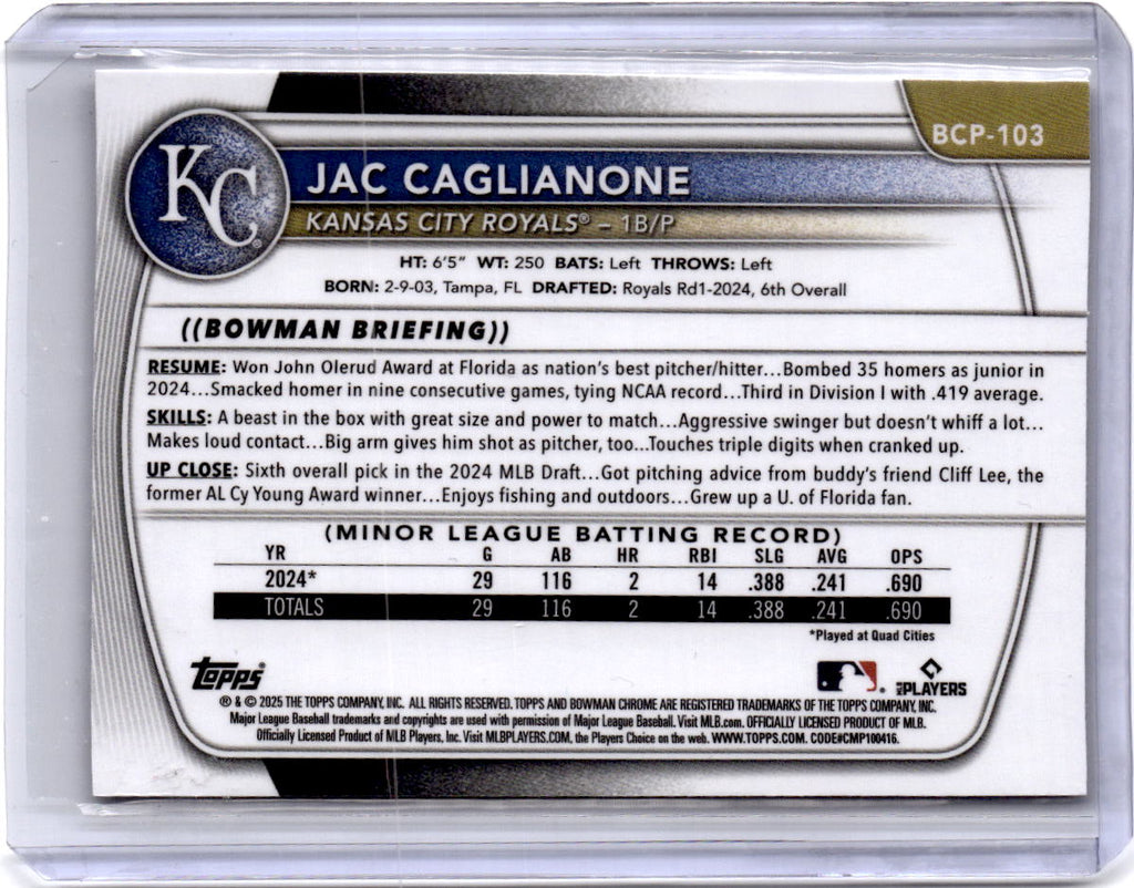 2025 Bowman #BCP-103 Jac Caglianone Chrome Prospects Reptilian Refractor