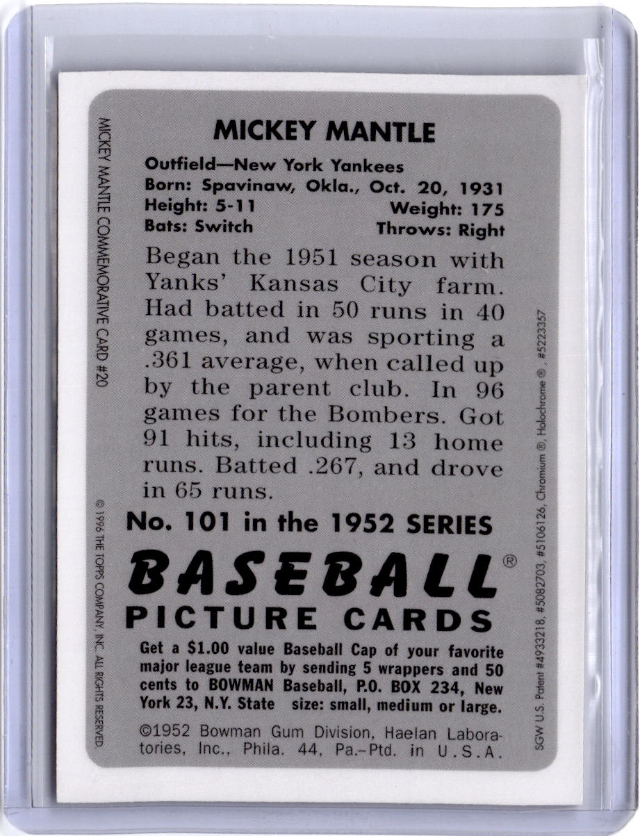 1996 Bowman's Best #20 Mickey Mantle Mickey Mantle Commemorative Reprint Finest