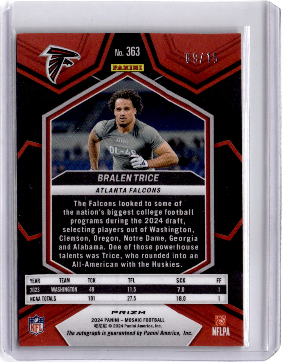2024 Panini Mosaic #363 Bralen Trice Rookie Autographs Mosaic Green Swirl #/15