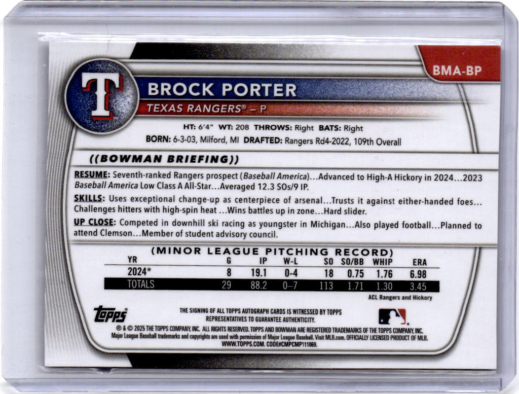 2025 Bowman Chrome #BMA-BP Brock Porter Prospect Autographs Purple Mojo /199