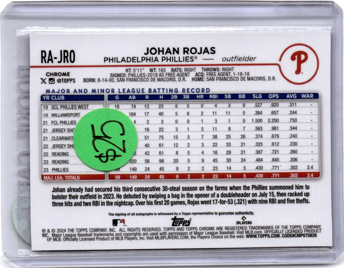 2024 Topps Chrome Update #RA-DR Drew Rom Autographs Green Refractors #/99