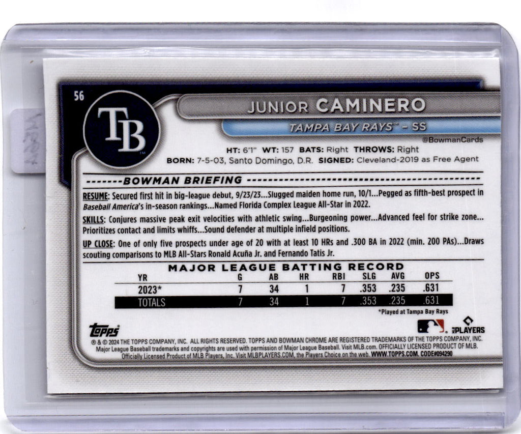 2024 Bowman Chrome #56 Junior Caminero Mojo Refractors