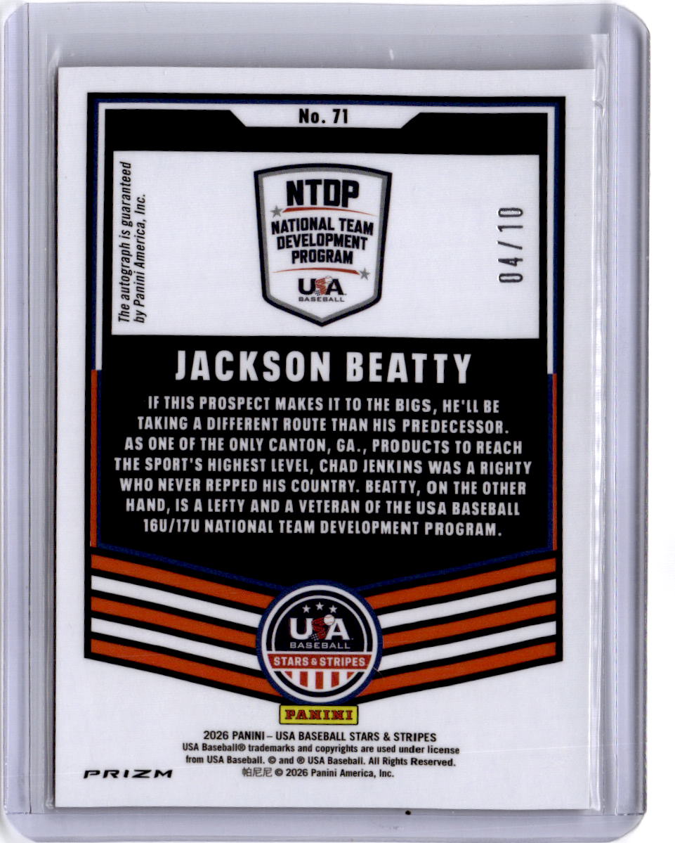 2026 Panini Stars & Stripes Prizm USA Jackson Beatty Prizms Signatures Gold #/10