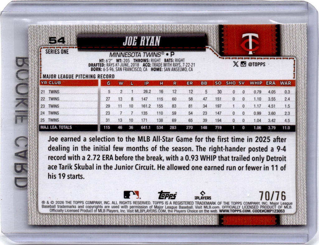 2026 Topps #54 Joe Ryan Independence Day #/76