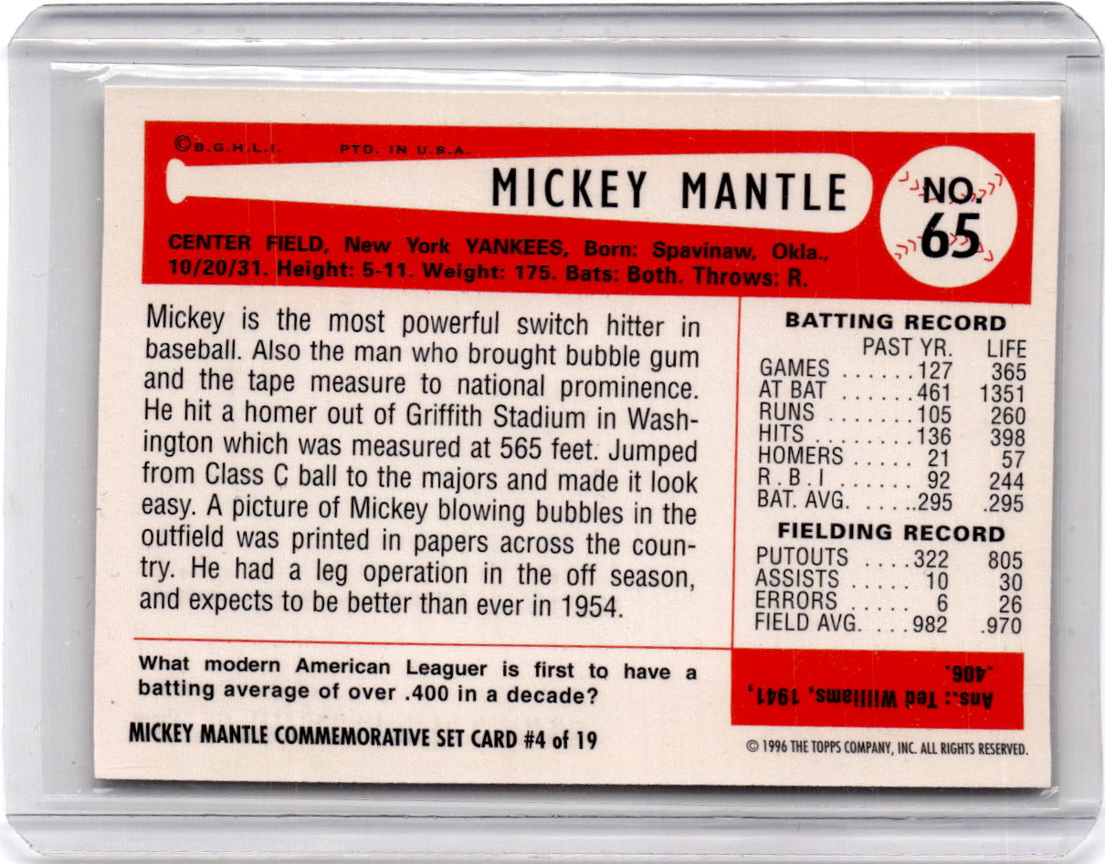 1996 Topps #4 Mickey Mantle Mickey Mantle Commemorative Reprints