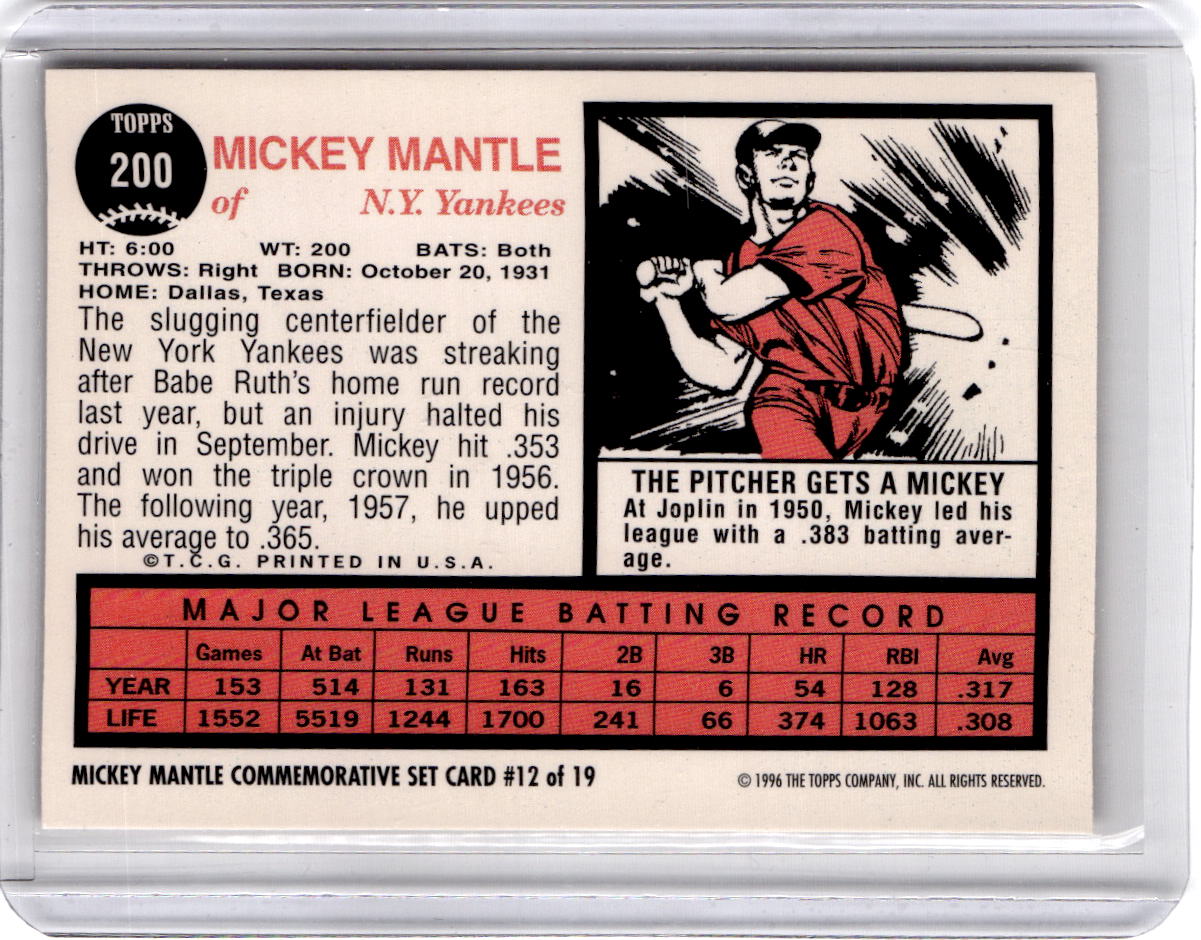 1996 Topps #12 Mickey Mantle Mickey Mantle Commemorative Reprints