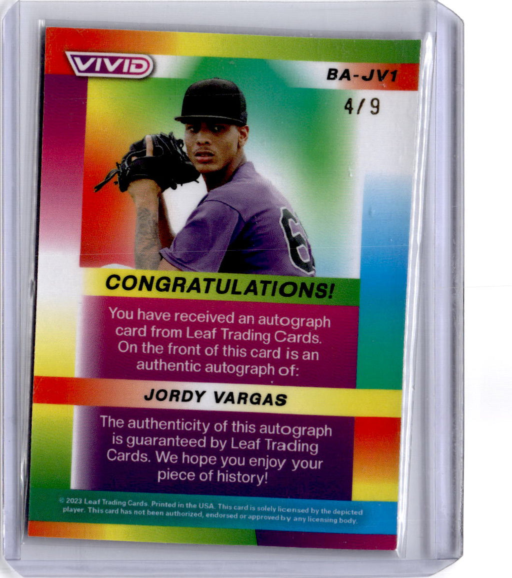2023 Leaf Vivid #BA-JV1 Jordy Vargas Base Auto Prismatic Gray