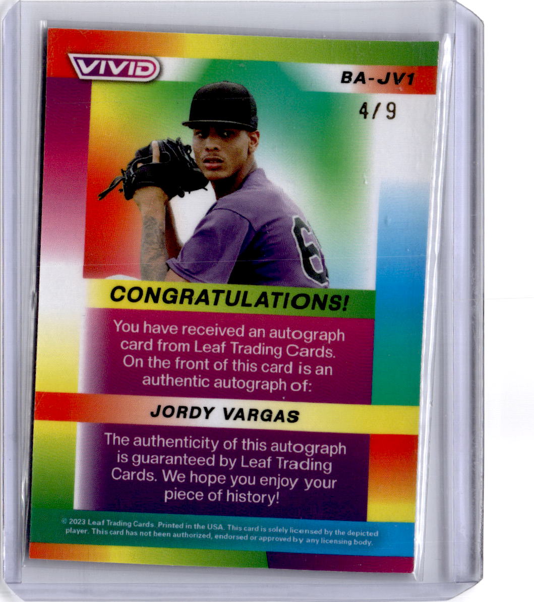 2023 Leaf Vivid #BA-JV1 Jordy Vargas Base Auto Prismatic Gray