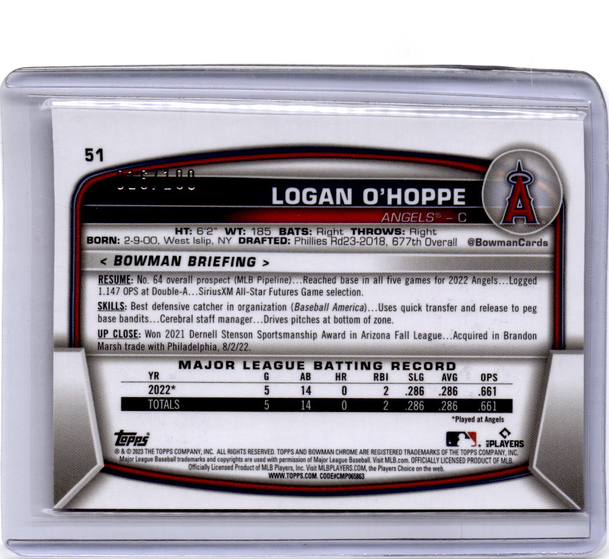 2023 Bowman Chrome #51 Logan O'Hoppe Wave Refractor #/100