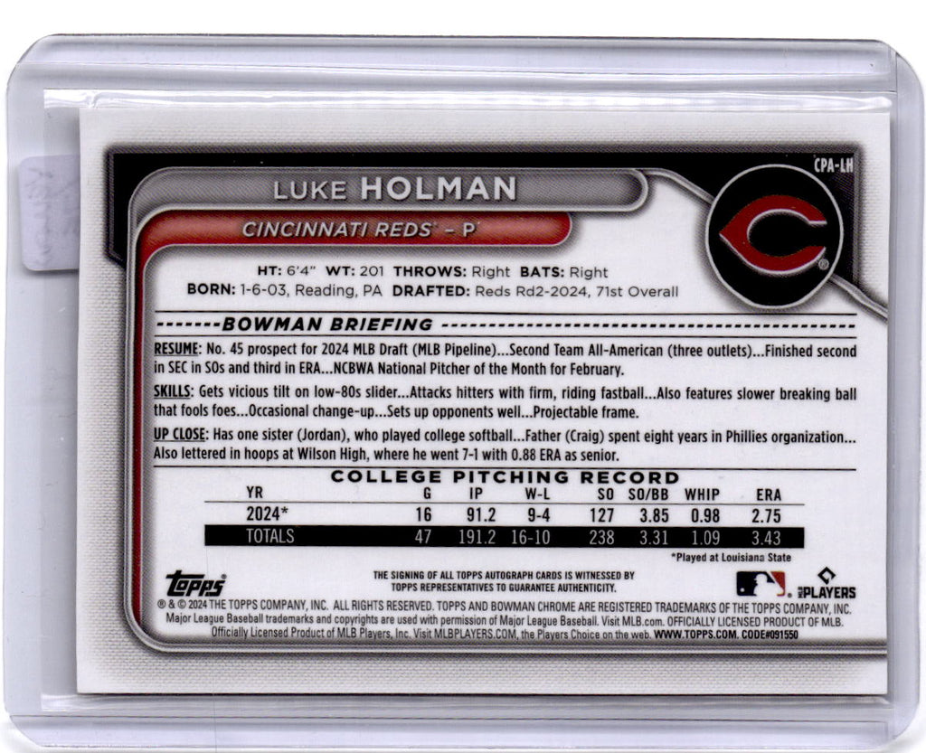 2024 Bowman Draft Luke Holman Chrome Prospect Autographs Yellow Refractor /75