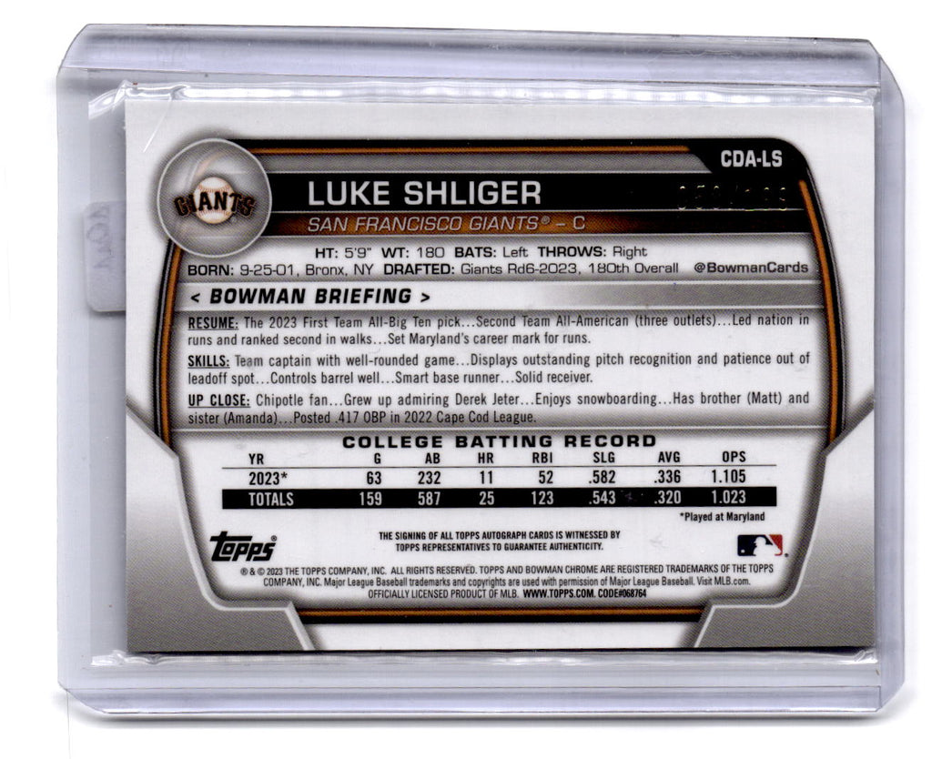 2023 Bowman Draft #CDA-LS Luke Shliger Chrome Prospect Autographs aqua wave /199
