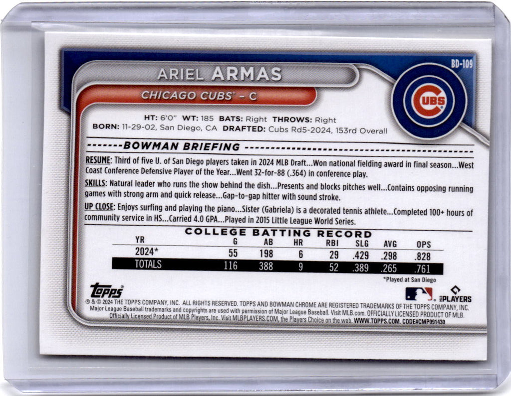 2024 Bowman Draft #BD-109 Ariel Armas Gold #/50