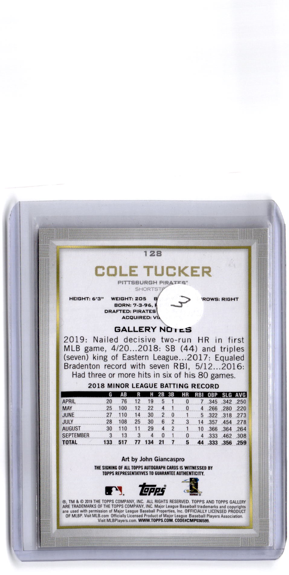 2019 Topps Gallery #128 Cole Tucker Autographs