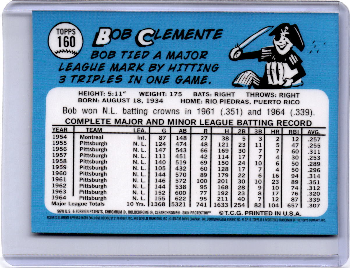 1998 Topps #11 Bob Clemente Roberto Clemente Commemorative Reprints Finest
