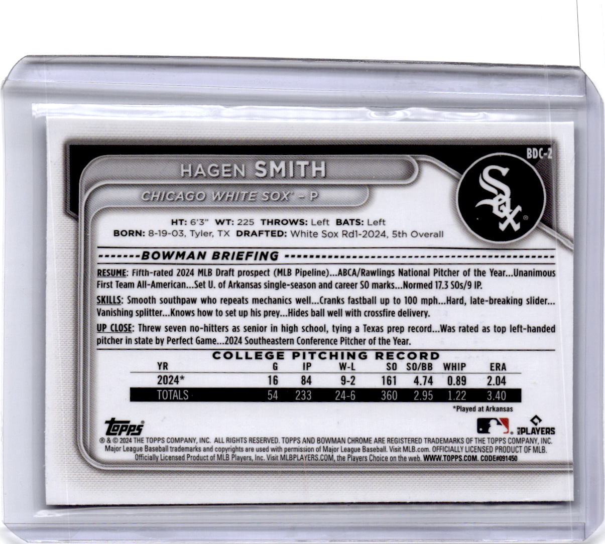 2024 Bowman Draft Sapphire Edition #BDC-2 Hagen Smith